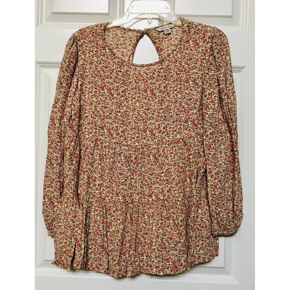 AMERICA EAGLE WOMEN'S TOP SIZE M FLORAL LOG SLEEVES OPEN BACK BOHO PEPLUM TUNIC - Picture 1 of 9